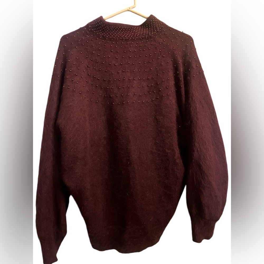 Vintage woman’s Burgundy Angora beaded button down cardigan luxury Soft - Picture 2 of 13